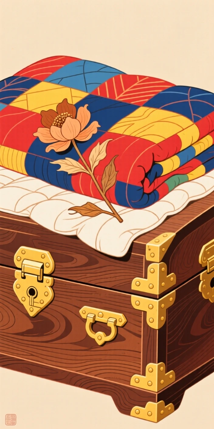 An old wooden chest with brass fittings, topped with a folded quilt and a dried flower.