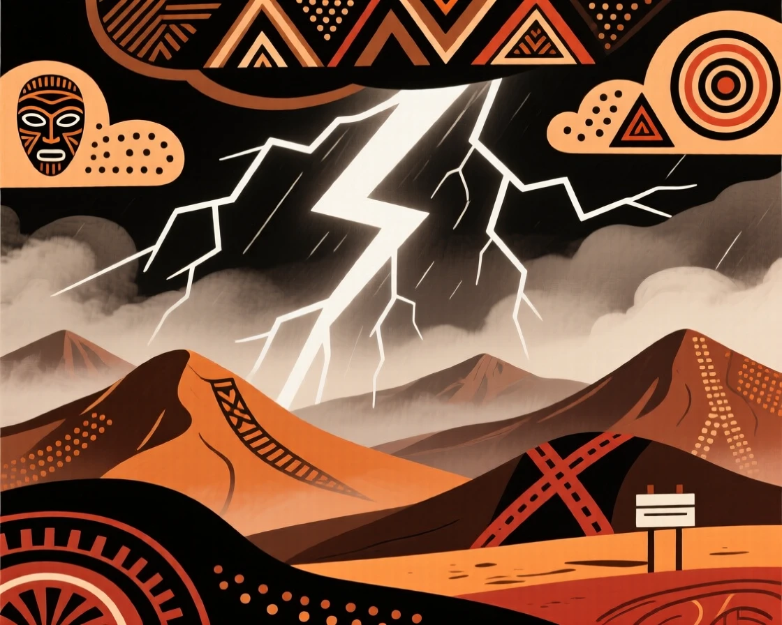 A dramatic lightning storm above distant misty mountains.