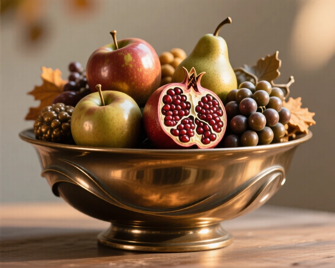 A bowl of ripe autumn fruit bathed in warm light, rendered with soft natural light and rich texture, forming an elegant, balanced composition