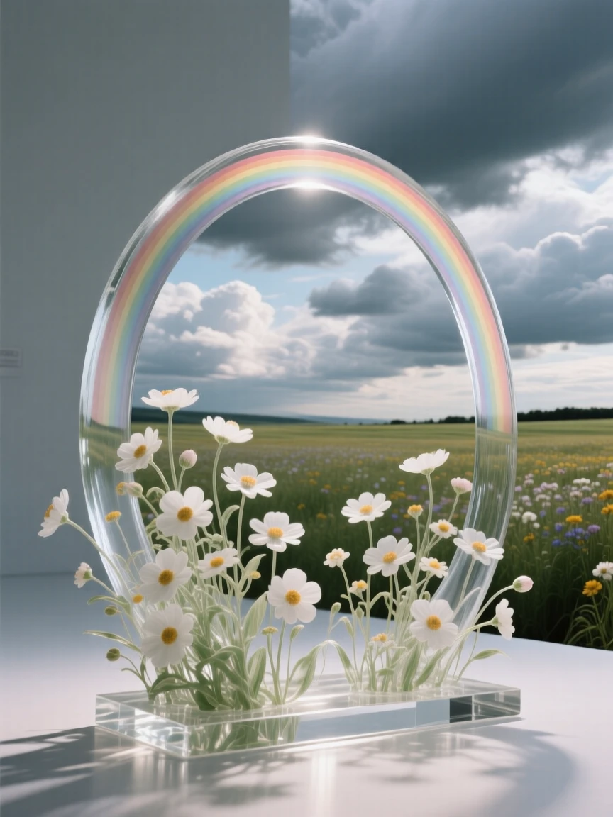 A field of wildflowers beneath a rainbow under a dramatic sky with shifting clouds, wide panoramic composition, feeling expansive and awe-inspiring.