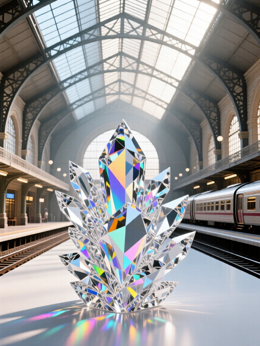The interior of a grand train station with a vaulted glass ceiling and beams of afternoon light.