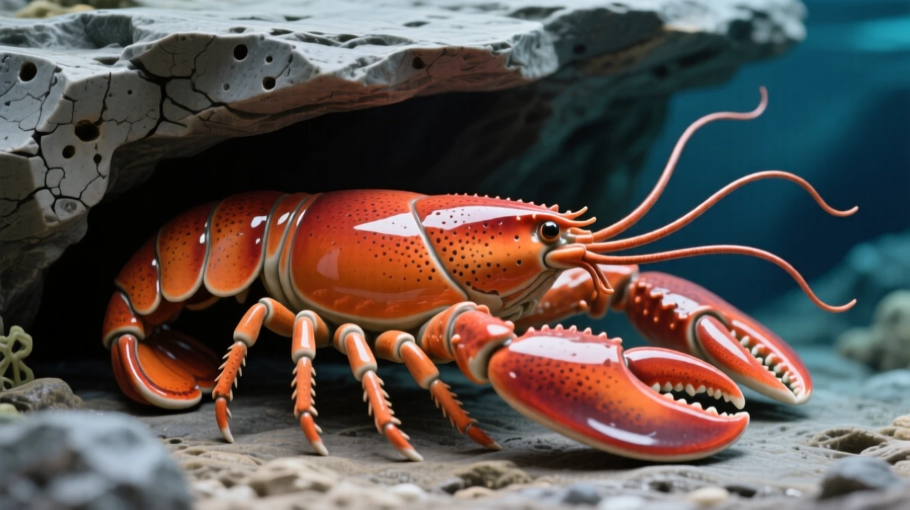 A lobster resting beneath a rocky ledge caught in a burst of playful motion, its fins trailing like delicate ribbons, stirring wonder at the mysteries of the deep.