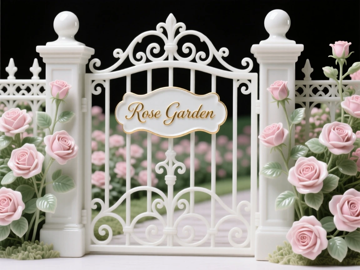 A sprawling rose garden in full bloom, framed by an antique iron gate.