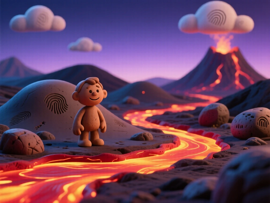 A volcanic landscape with glowing lava rivers at twilight