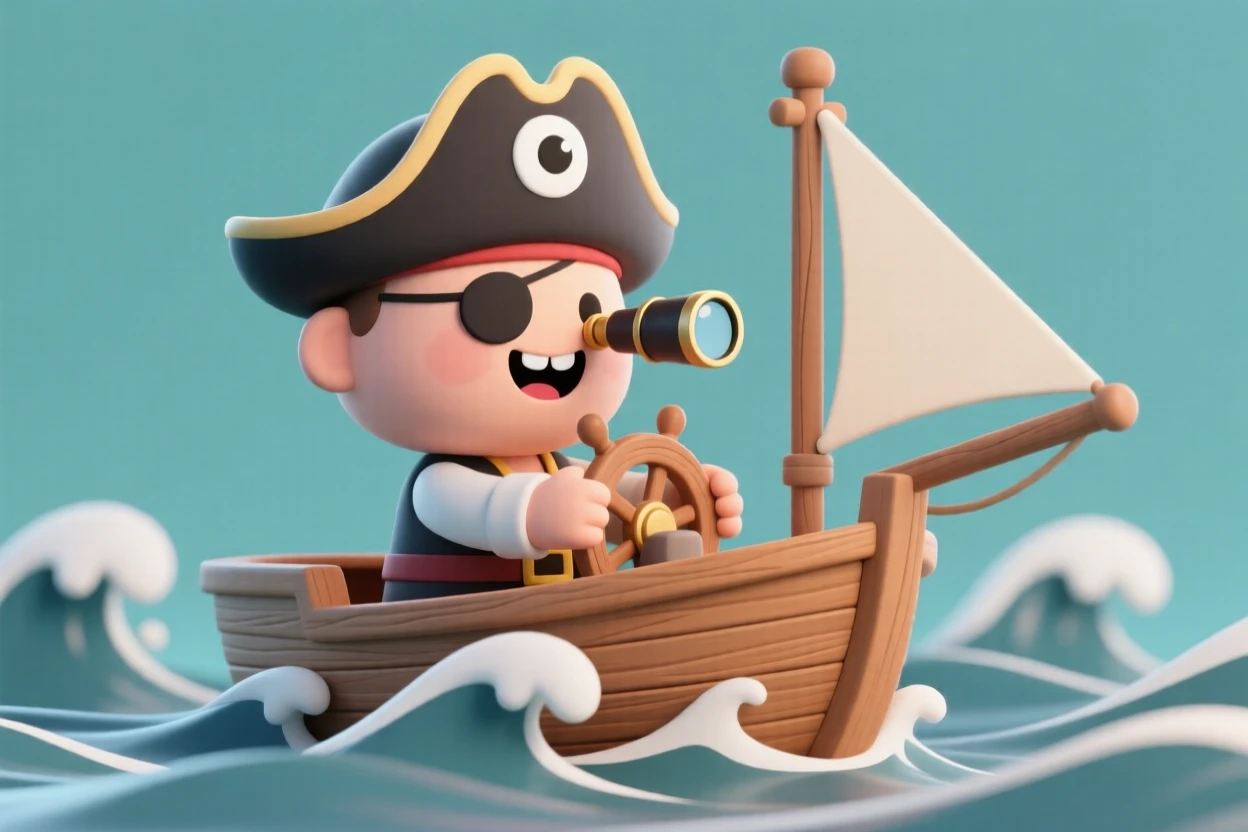 A grinning pirate captain steers a wooden ship through crashing waves, spyglass tucked under one arm.