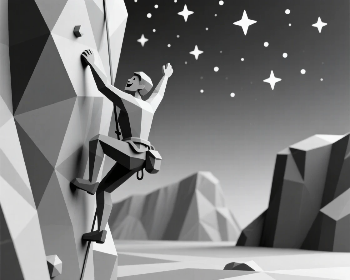 A rock climber scaling a dramatic cliff face, beneath a canopy of stars. a shallow depth of field keeps the action sharply in focus. The moment radiates confidence and joy.
