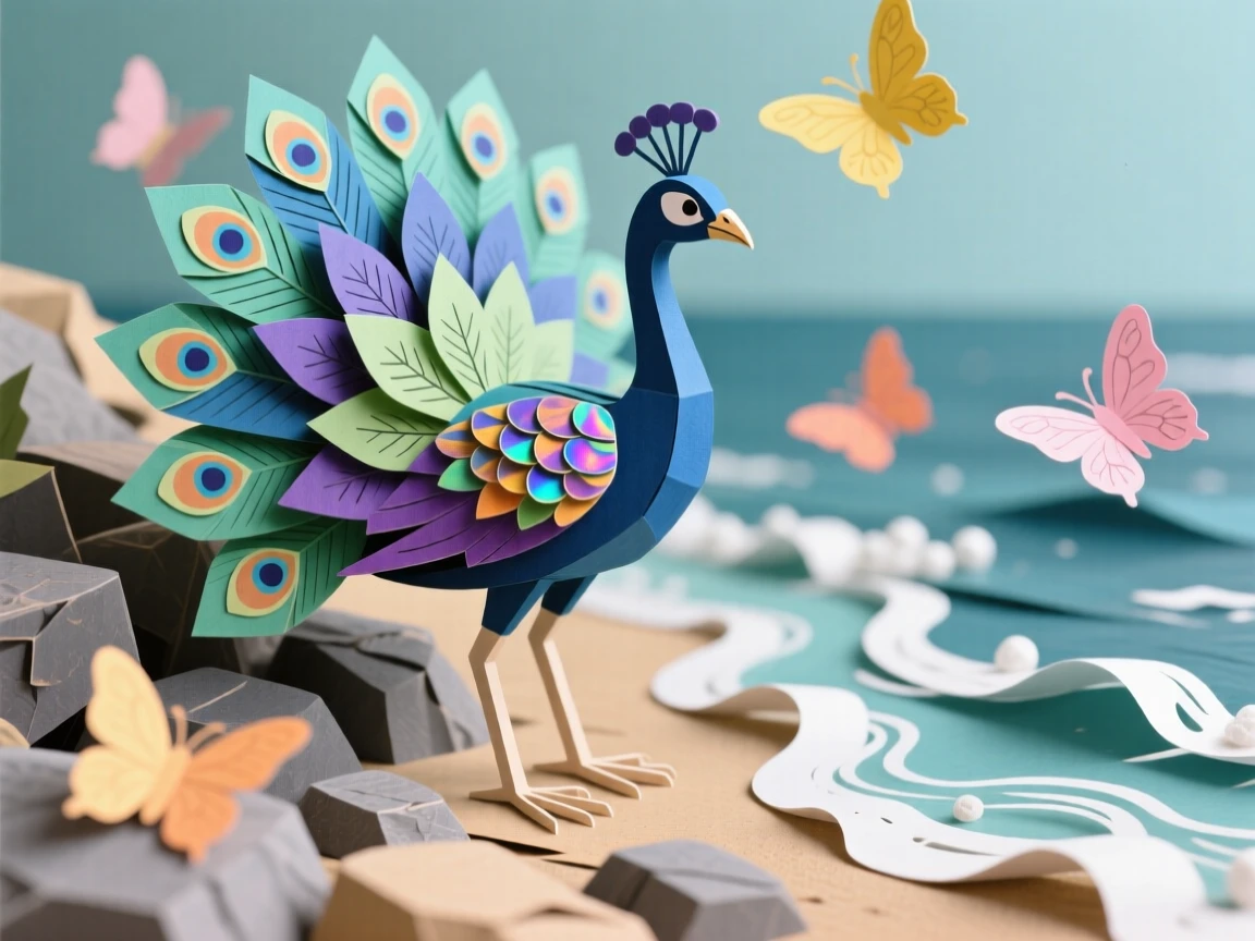 A regal peacock playing along a rocky shoreline, with butterflies fluttering nearby, evoking innocent charm and gentle curiosity.