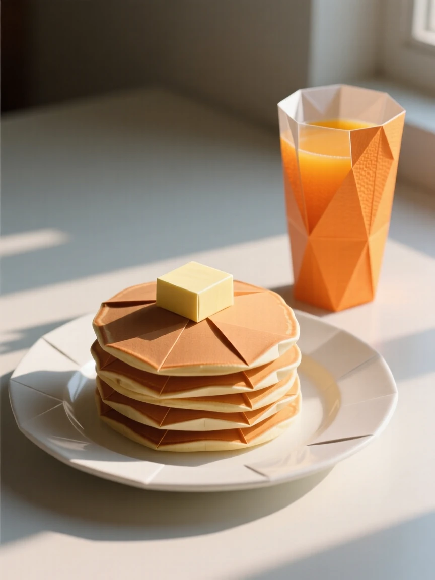 A quiet Sunday morning scene with pancakes on a plate and orange juice catching the light.