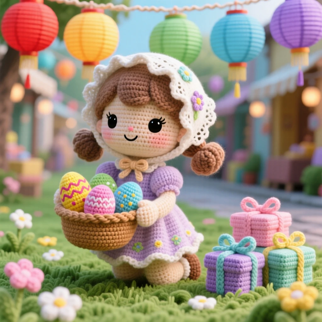 a little girl holding a basket of Easter eggs, with a lace bonnet, searching through spring grass, set in a festival street strung with colorful paper lanterns, with a small pile of wrapped presents, full of the joyful anticipation of a favorite season.