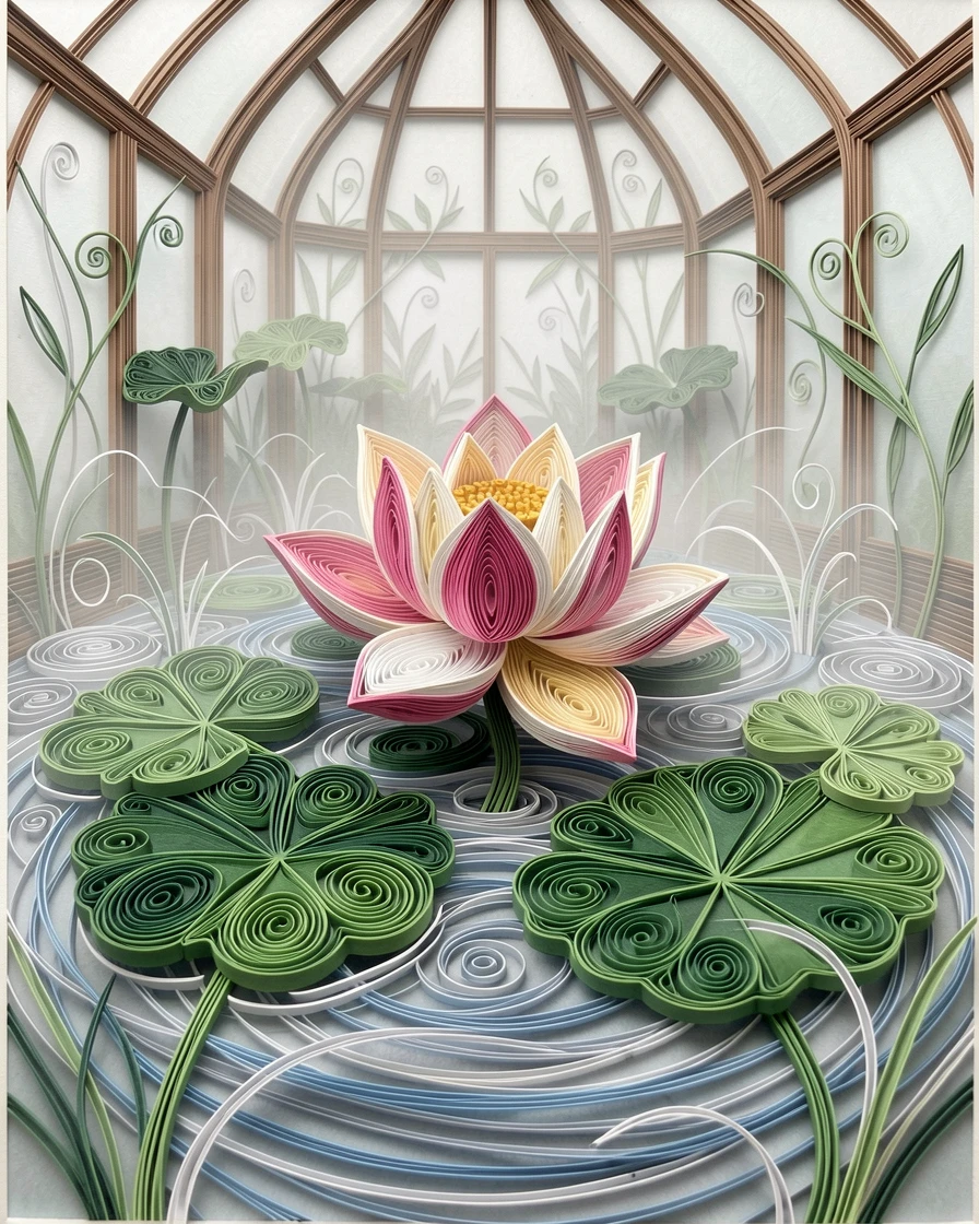 a single blooming lotus flower on still water, in a botanical garden conservatory, layered from foreground to background for depth, under a light mist rising from the ground.