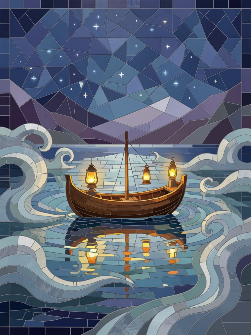 An epic fantasy scene of a lone lantern-lit boat crossing a misty enchanted lake, with swirling mist and glowing highlights.