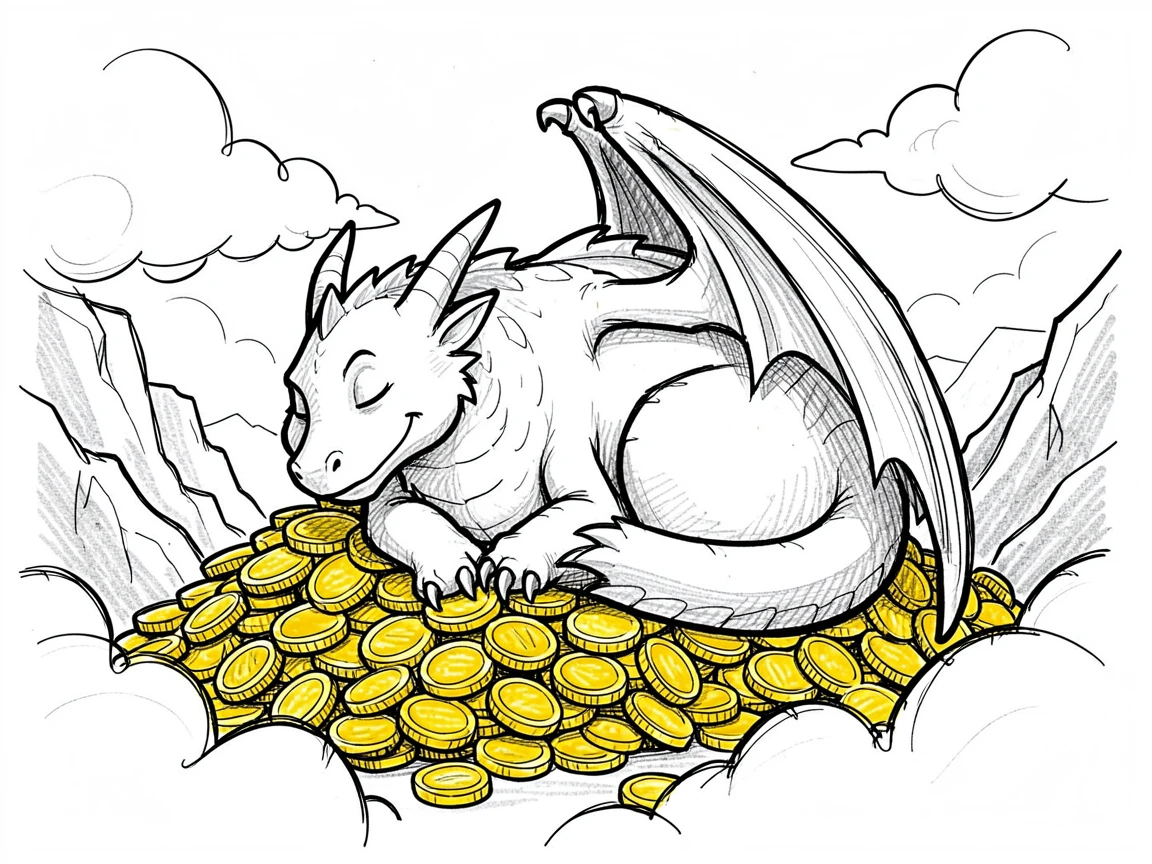 A gentle dragon napping on a pile of gold coins in a hidden valley behind the clouds.