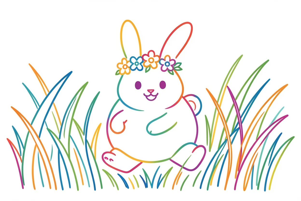 A round bunny character wearing a flower crown hopping through tall grass.