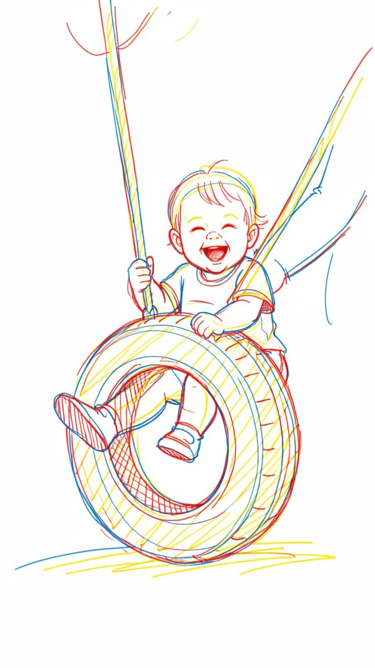A toddler giggling while being pushed on a tire swing