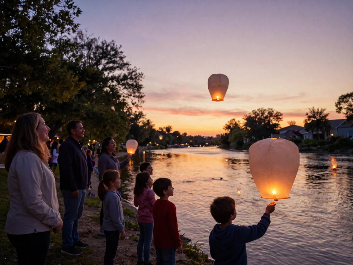 Lanterns float down a river at dusk as families release them together for a festival.