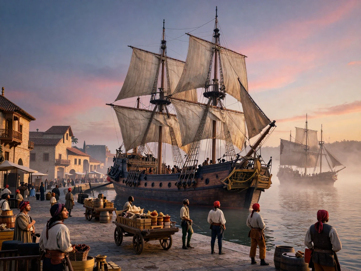 A crew aboard an old world galleon arriving at a bustling ancient harbor