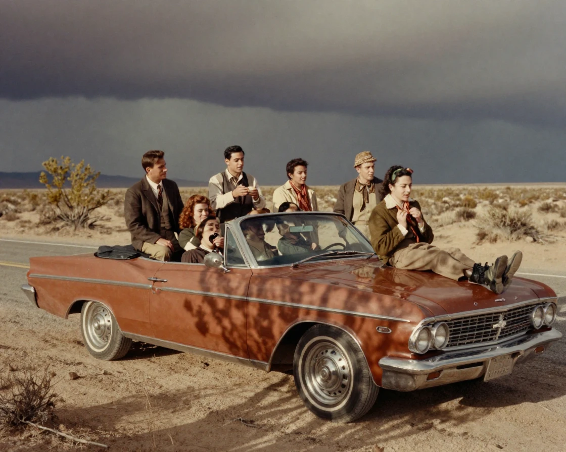 A group of friends piled into a convertible on an open desert highway, in dappled light filtering through leaves, under a darkening storm sky, in the depths of winter, dominated by warm amber and rust tones, from a three-quarter angle.