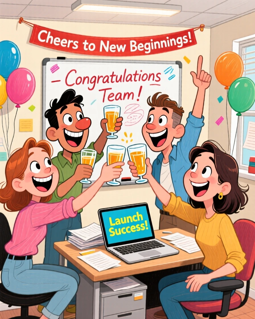 A group of friends toasting to a successful business launch in a small office.