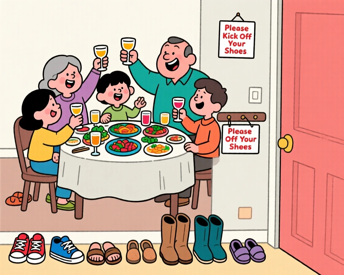 A heartwarming scene of a large extended family celebrating with a toast around the dinner table, with everyone's shoes kicked off by the door.