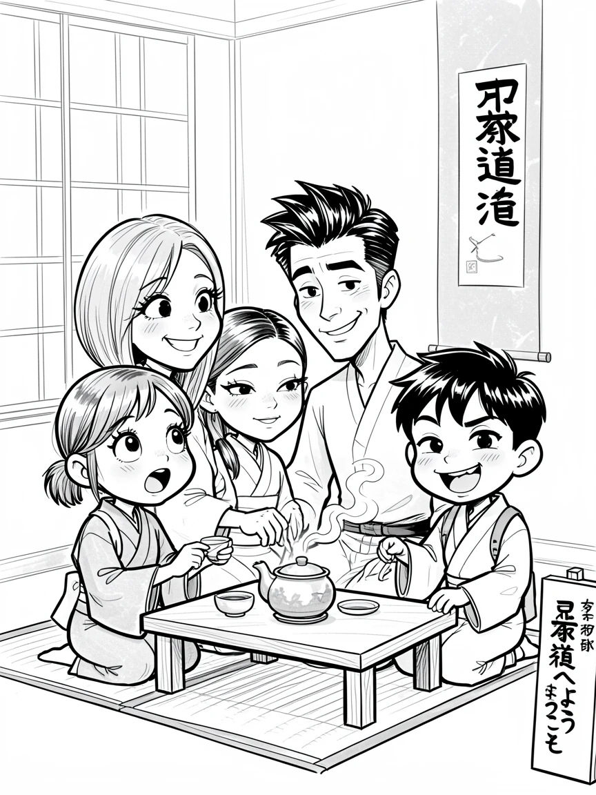 [Travel & Cultural Experiences] Vivid travel scene of a family enjoying a traditional tea ceremony in Kyoto, full of wonder and adventure