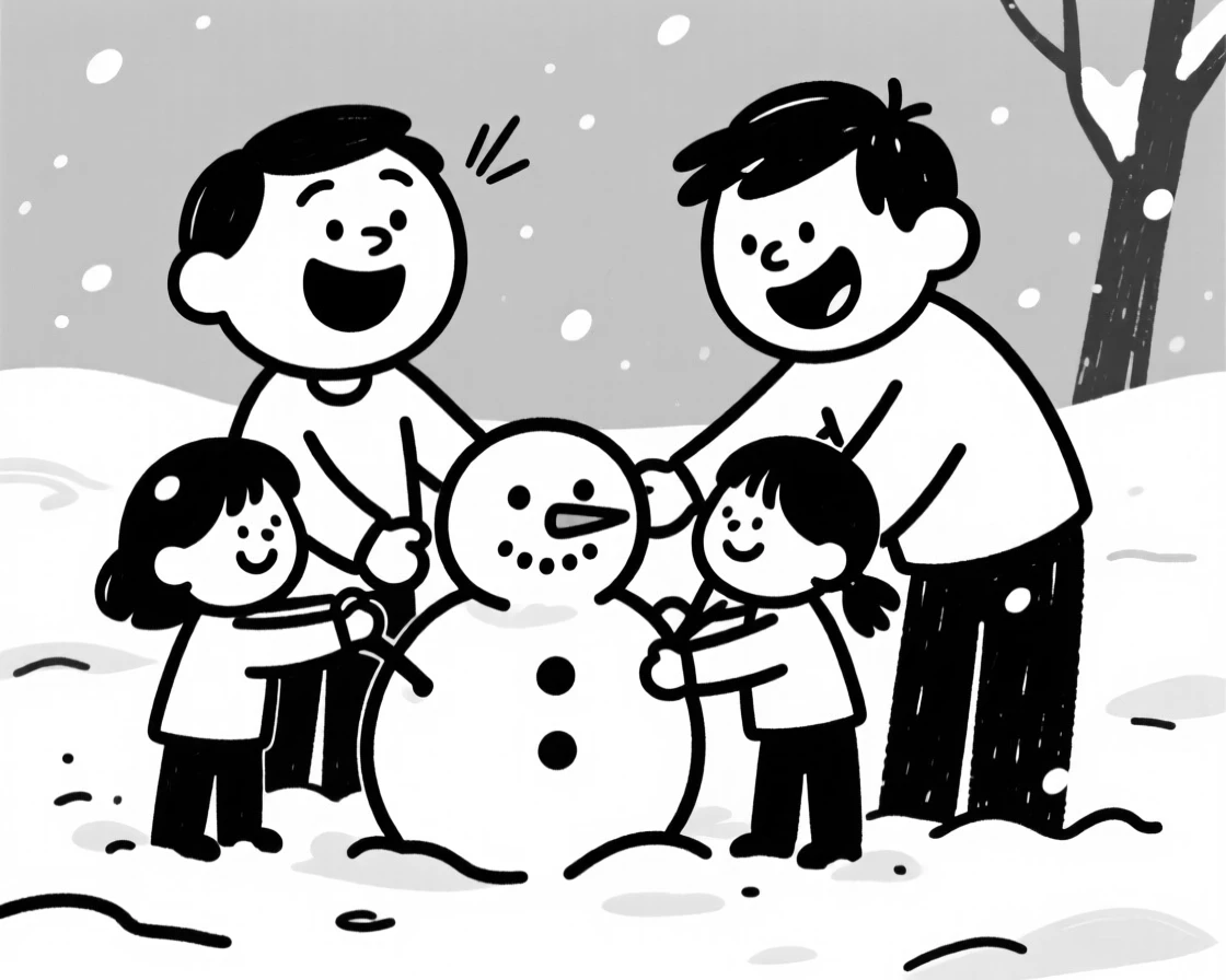 A snowman being built by a joyful family in a fresh blanket of snow.