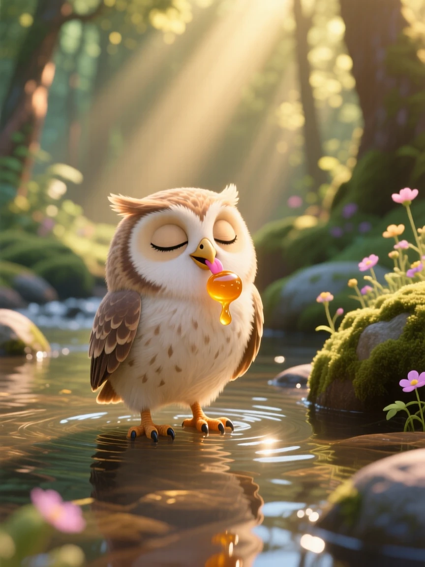 A fuzzy baby owl is standing knee-deep in a shallow stream, licking a drop of honey off its nose. A gentle, sleepy calm fills the moment, with a faint smile-like expression.