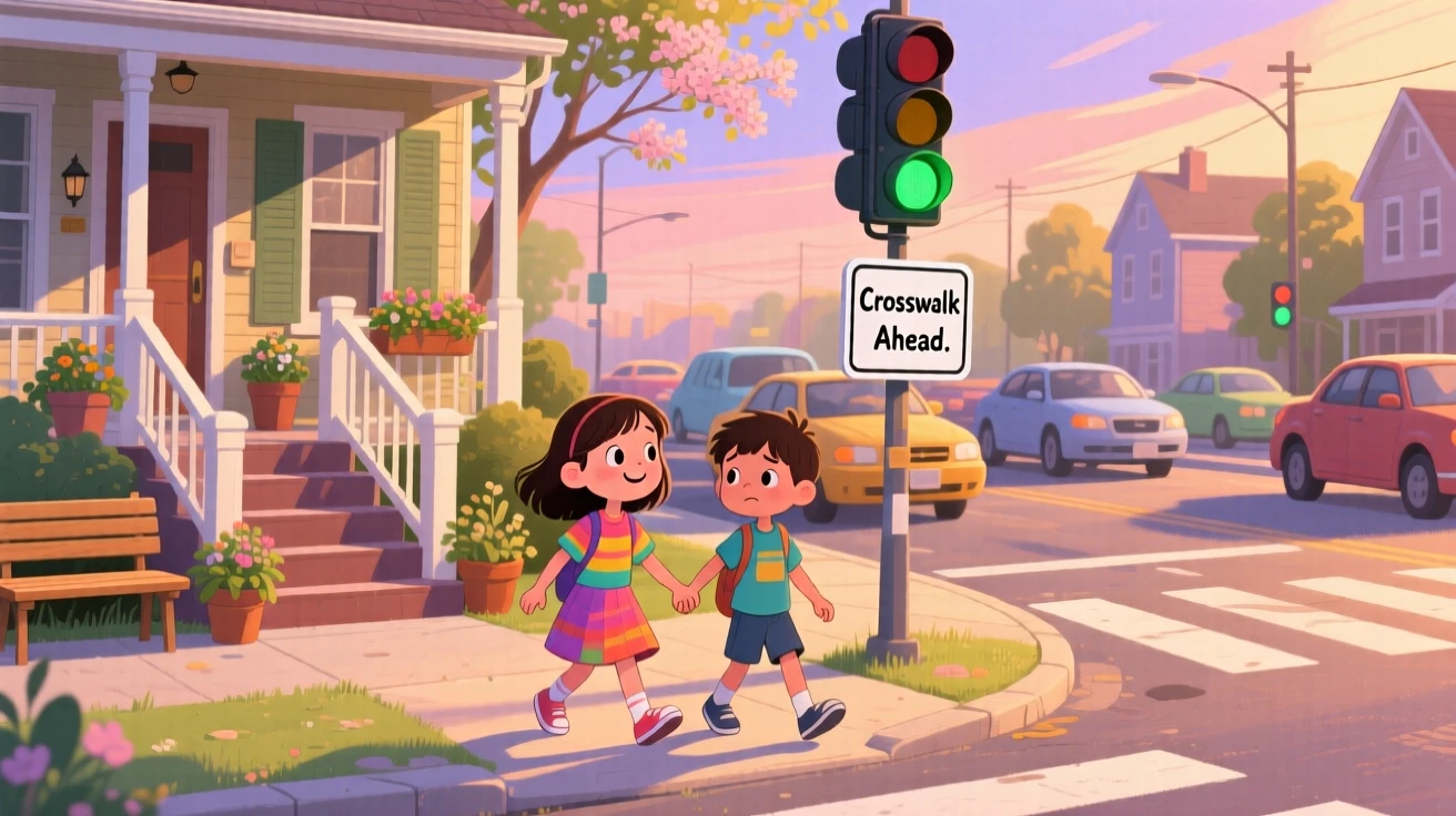 A girl and a shy new classmate are seen holding hands while crossing a busy street in a cozy front porch, while a warm glow of evening light surrounds them.
