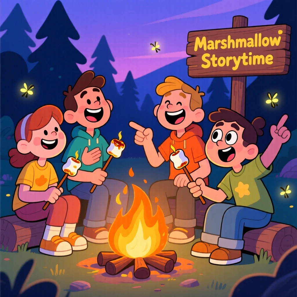 A group of friends toasting marshmallows and telling jokes.