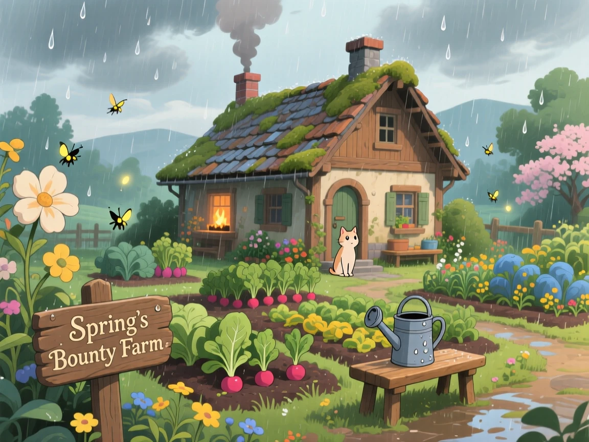 A farmhouse surrounded by neatly kept vegetable gardens, with smoke curling gently from chimney tops, during a light spring shower.