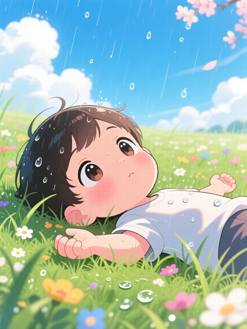 Close-up portrait: a child, lying in a field watching clouds drift by, set against an open blue-sky meadow during a gentle spring rain shower, with shimmering reflected light off water and a mood of shy bashfulness.
