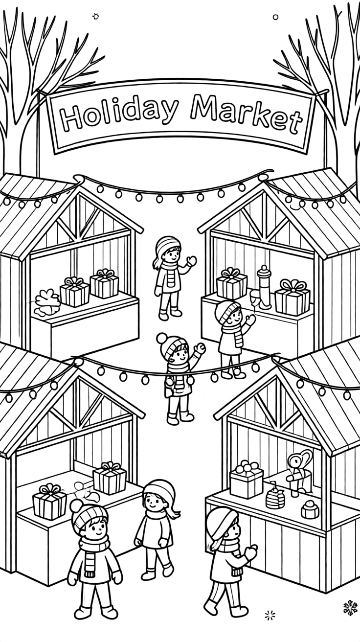 A winter holiday market with twinkling string lights