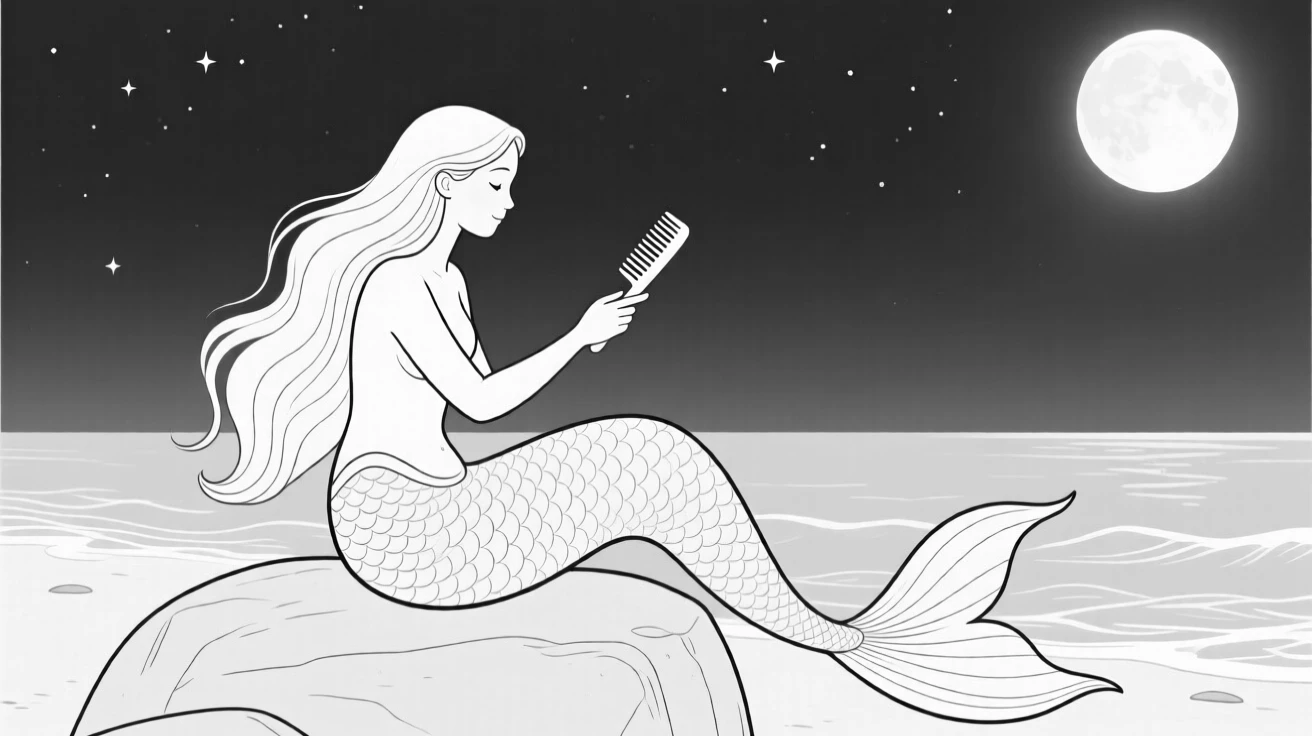 A mermaid sitting on a rock combing her hair by moonlight