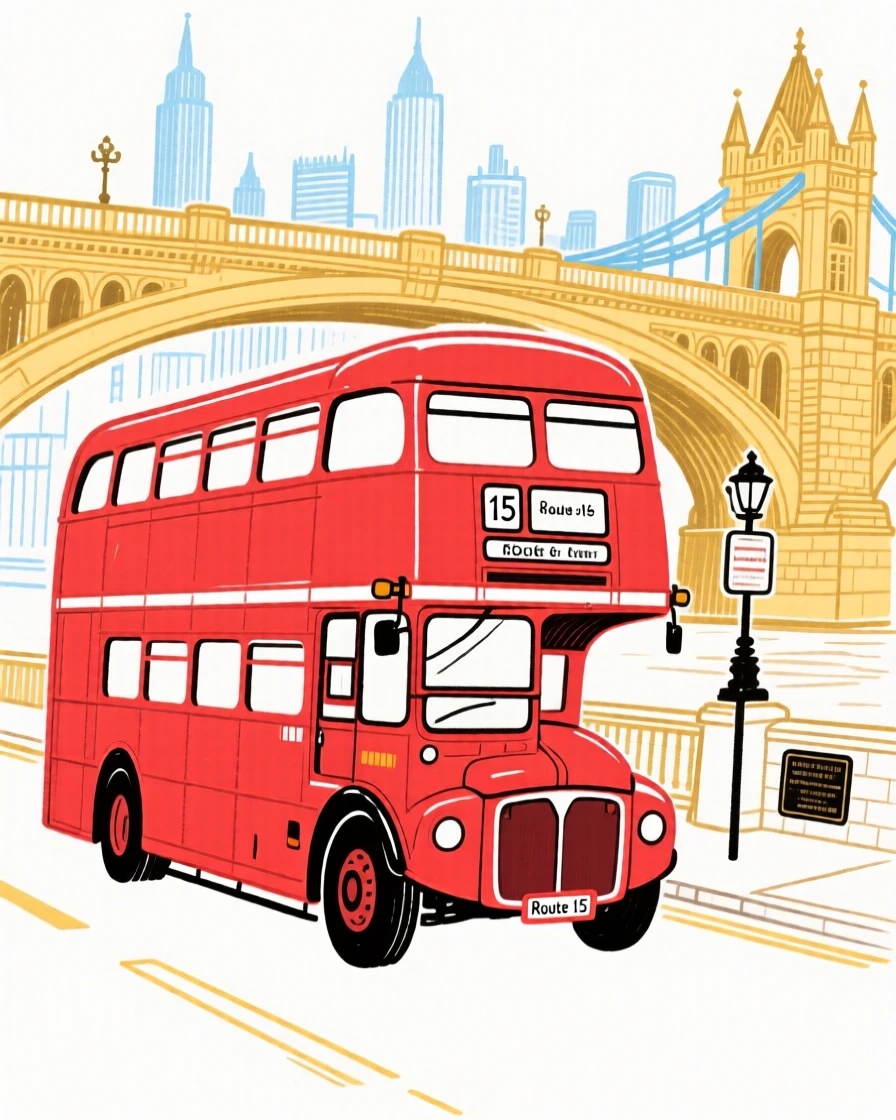 A red double-decker bus crossing a historic city bridge.
