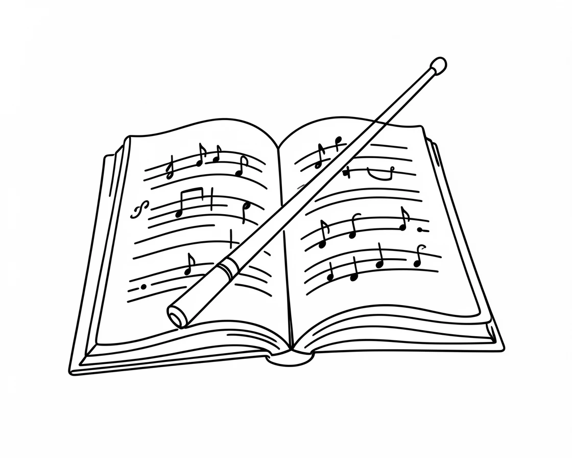 A conductor's baton resting on an open orchestral score