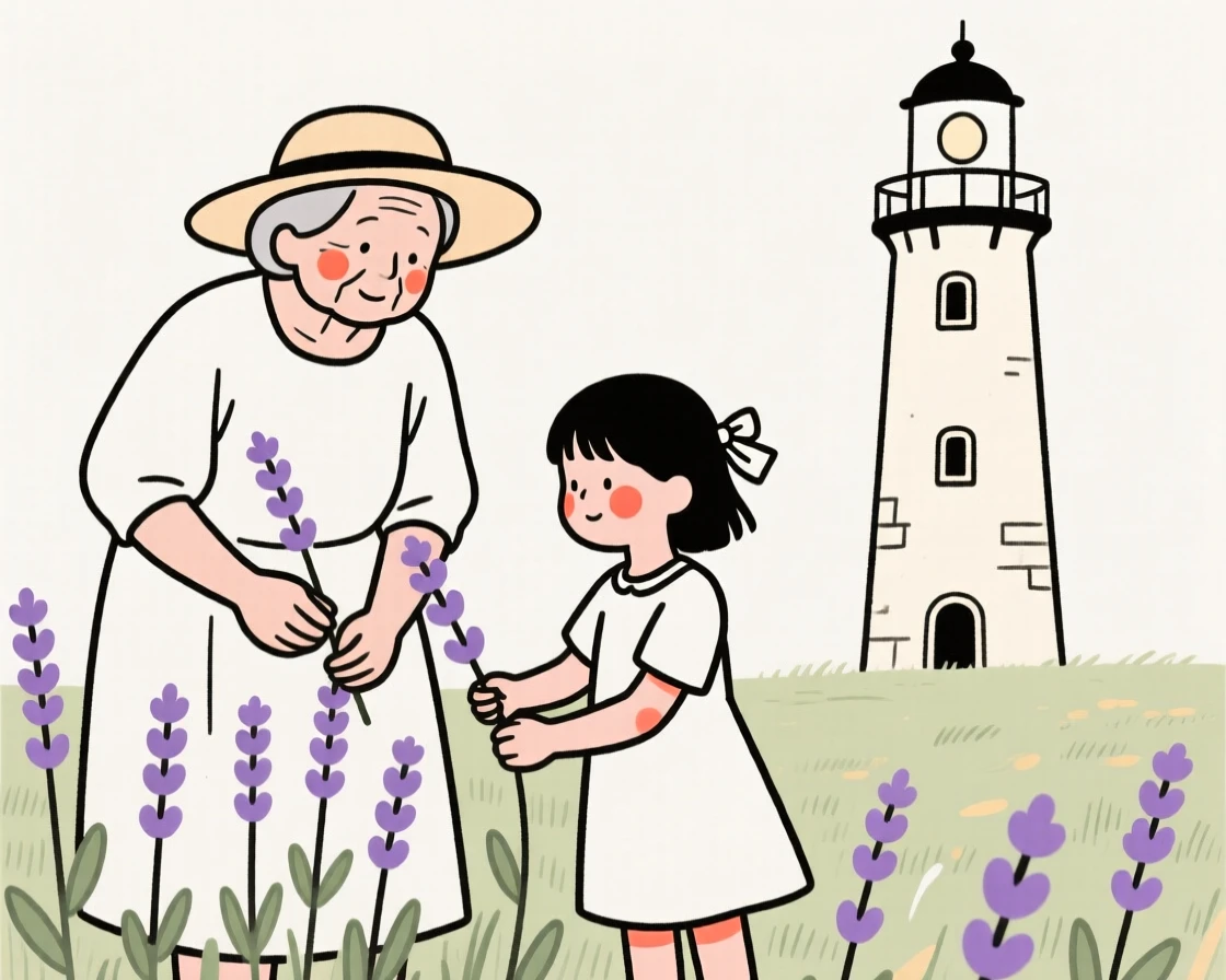 A grandmother and granddaughter harvesting lavender in a summer field, beside an old lighthouse.