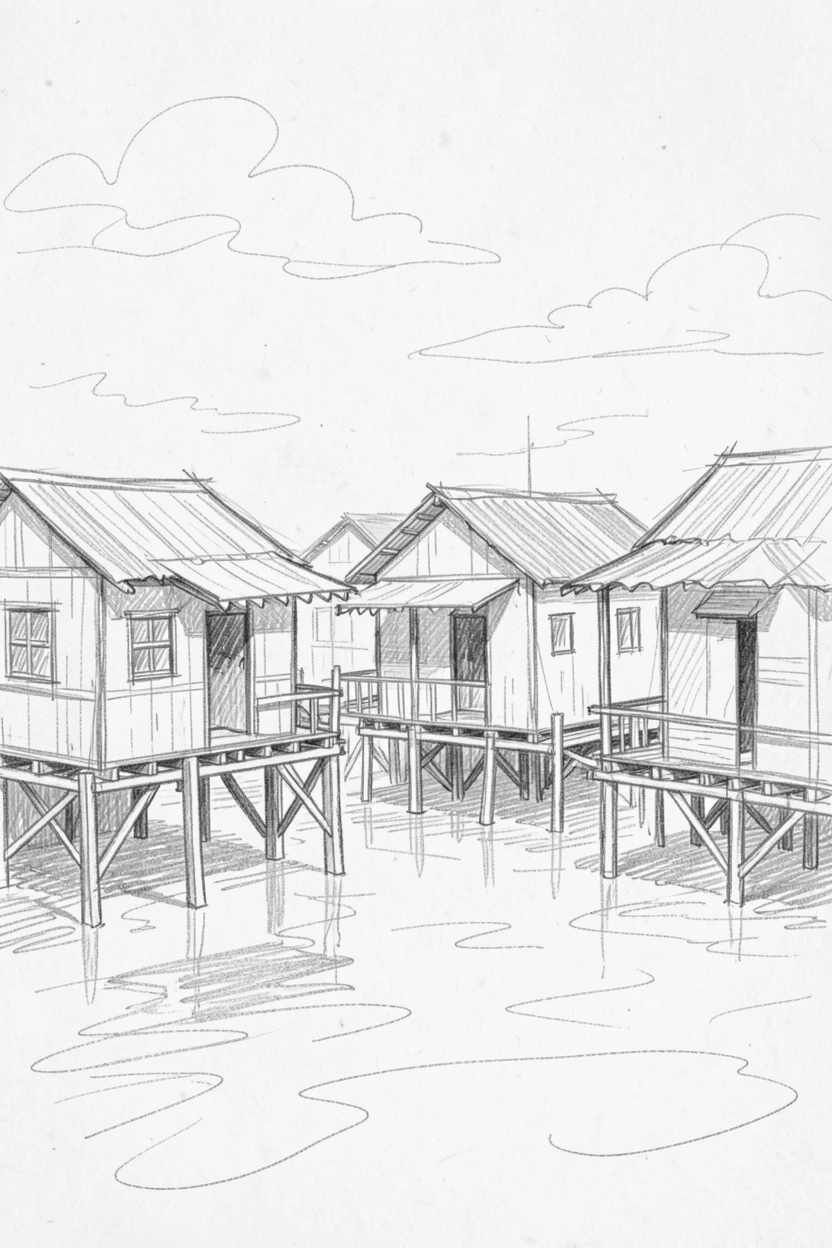 A floating village on stilts beneath a clear blue sky, with reflections shimmering in a nearby canal.