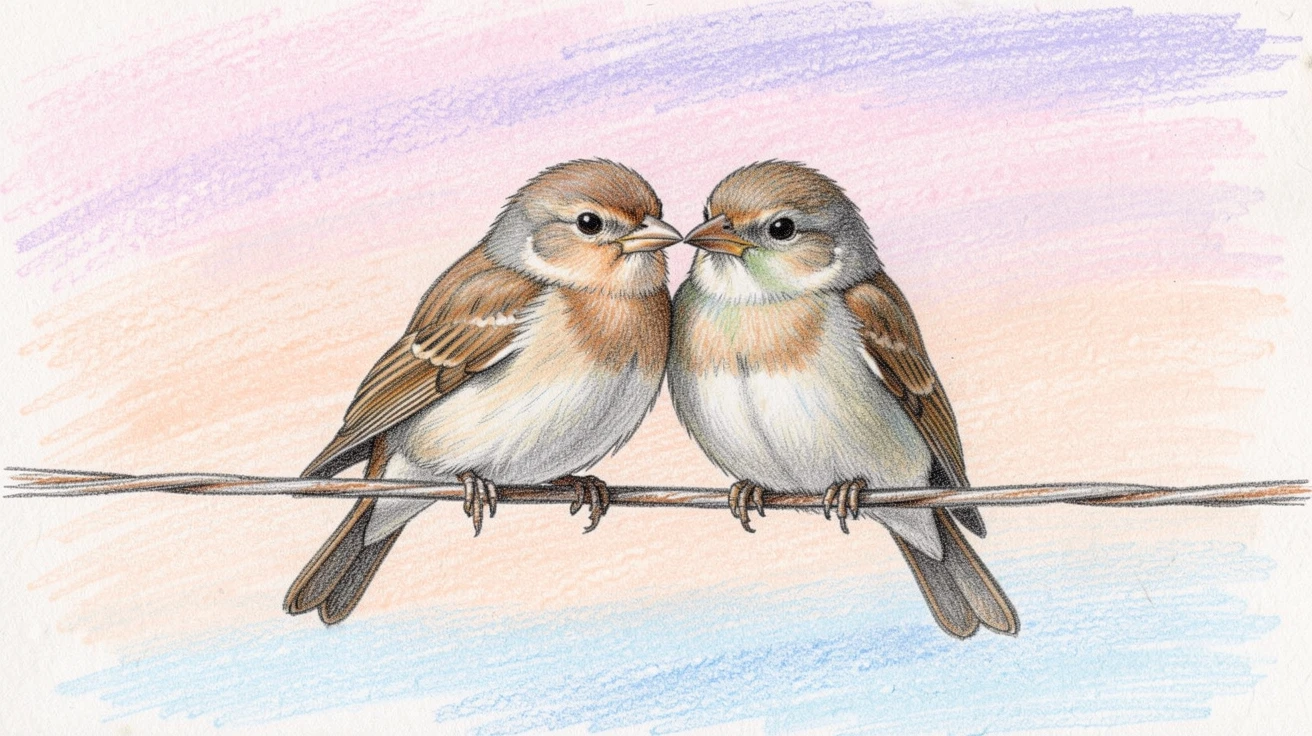 A pair of birds perched together on a wire against a pastel sky, with gentle, harmonious colors throughout the scene, designed to soothe and calm the viewer.