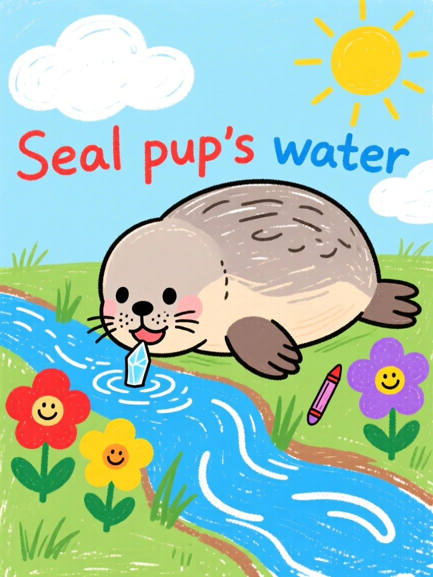 A chubby seal pup drinking from a small crystal-clear stream.