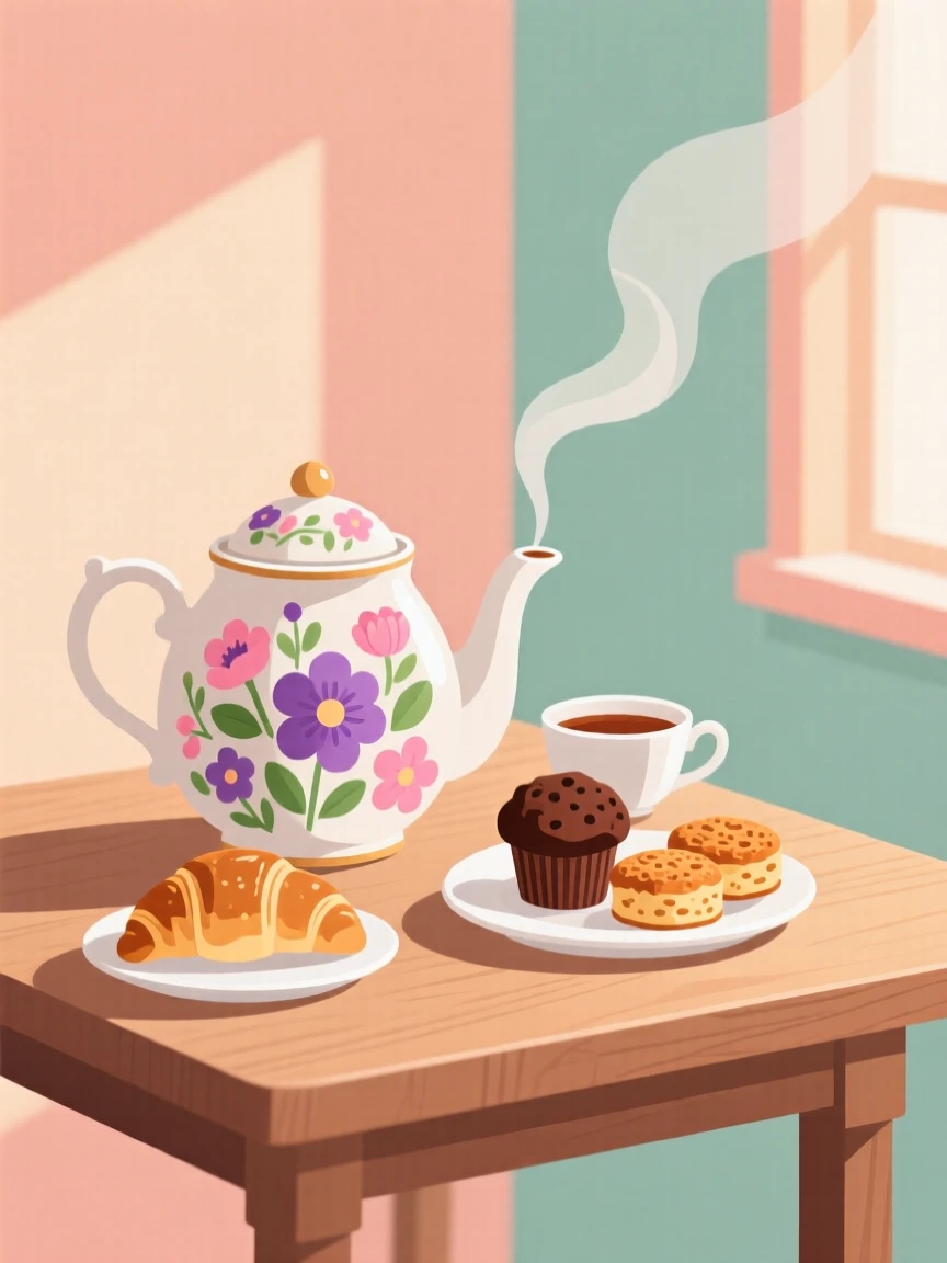 A cozy tea time setup with a floral teapot and pastries, set against a backdrop of pastel-colored walls, composed with a warm, inviting sense of everyday simplicity, with subtle steam rising to add a warm, lived-in feel.