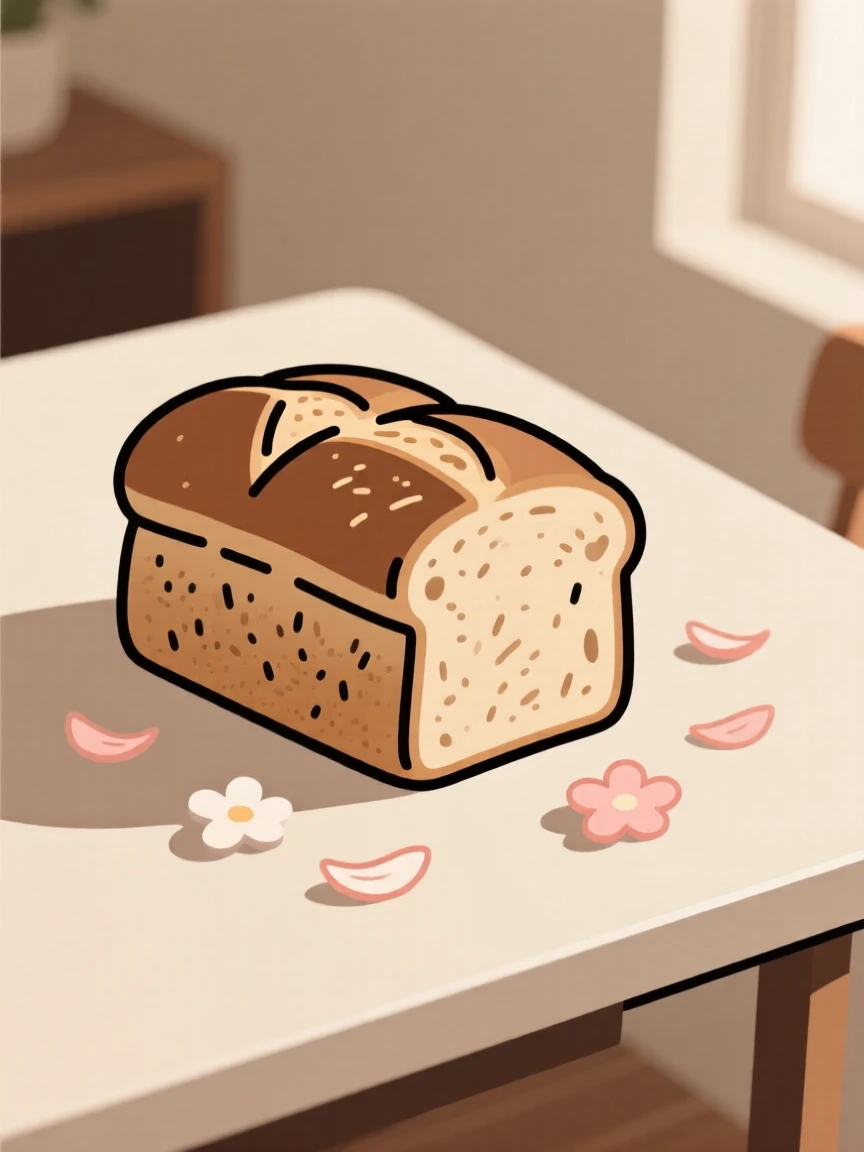 A homemade loaf of crusty bread cooling near scattered flower petals on a cozy breakfast nook, expressing cozy indulgence.