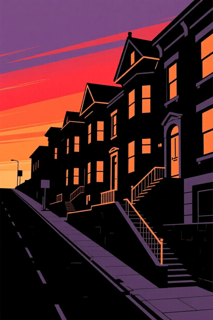 A row of famous rowhouses on a steep hillside street at sunset.
