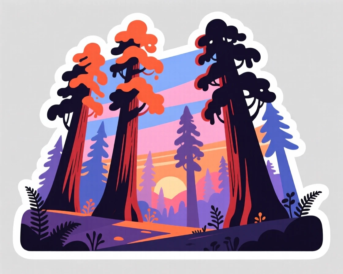 An idyllic towering redwood forest, reflecting the colors of the sunset, where the air feels crisp and fresh.