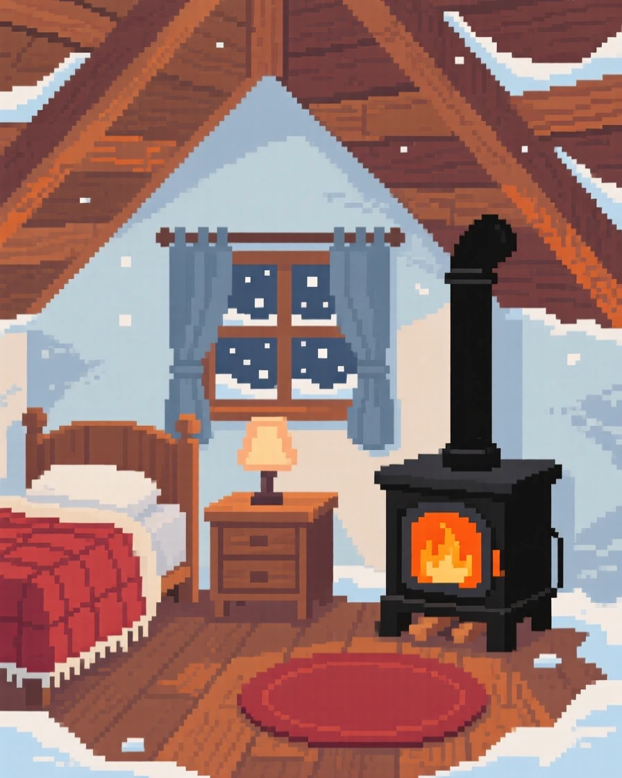 A tiny attic bedroom warmed by a small wood stove nearby, inside a snowbound mountain cabin.