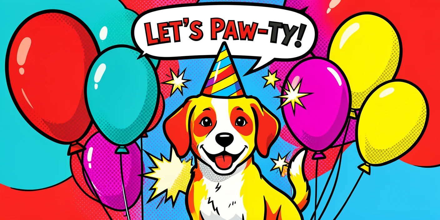 A puppy wearing a birthday party hat surrounded by balloons