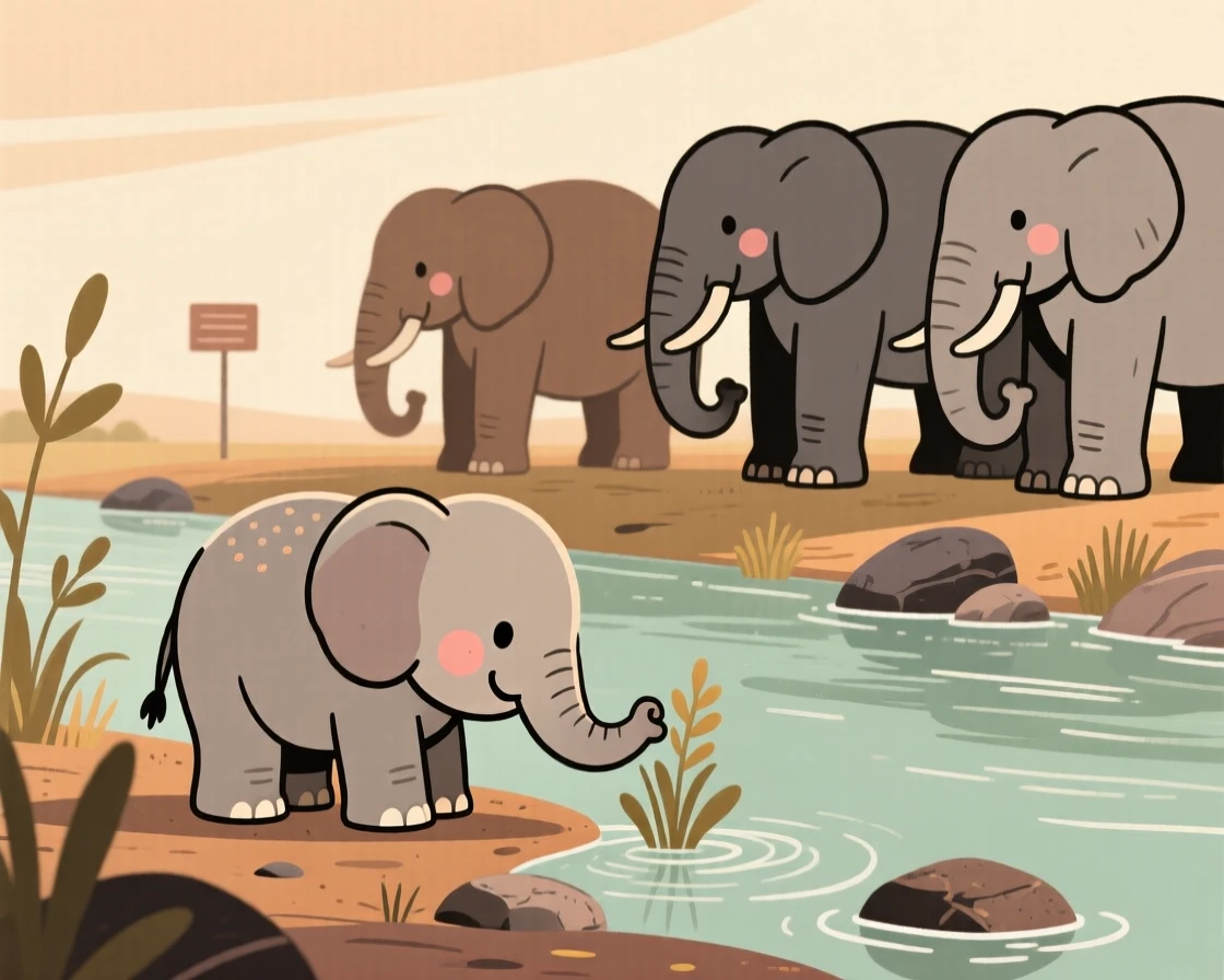 A baby elephant explores a riverbank for the first time, sniffing at everything nearby while a nearby herd watches with gentle patience.