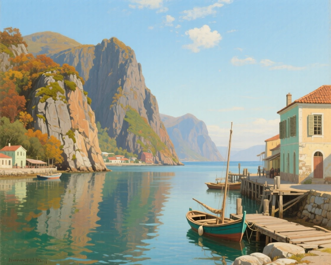 A grand panoramic scene of a quiet fjord with steep cliffs rising from calm water, in a Caribbean port town, in mid-autumn, under a clear blue sky.
