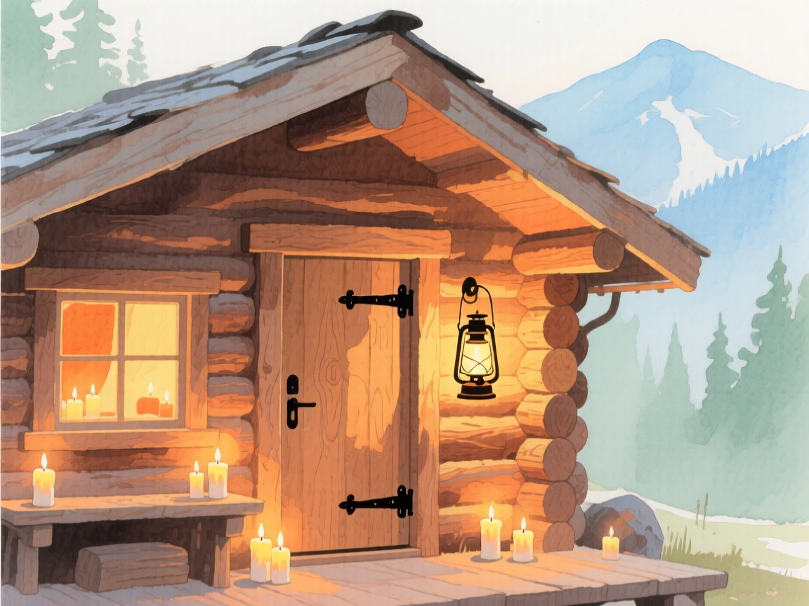 A charming view of a mountain lodge den, with candles flickering on every surface, featuring a lantern glowing beside the door