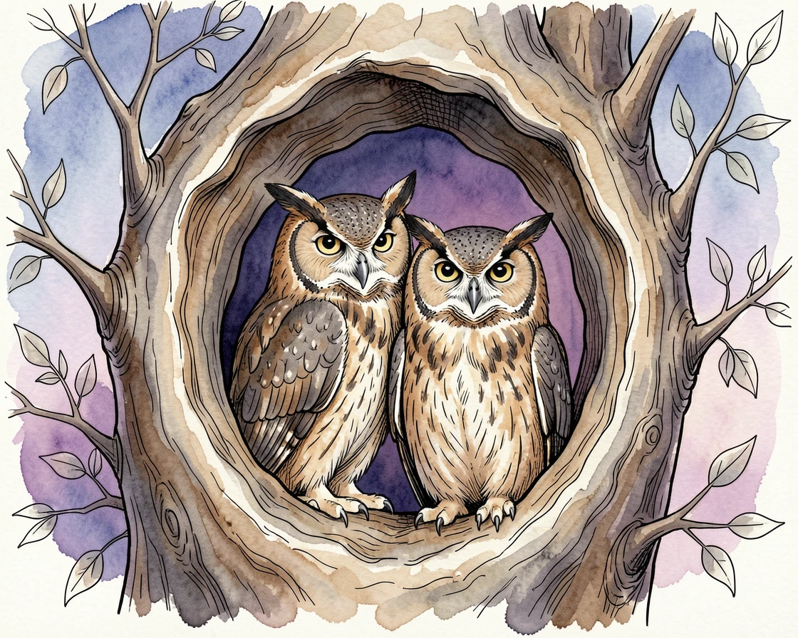 A pair of owls nestled in a hollow tree at twilight, a sense of quiet wildness filling the moment.