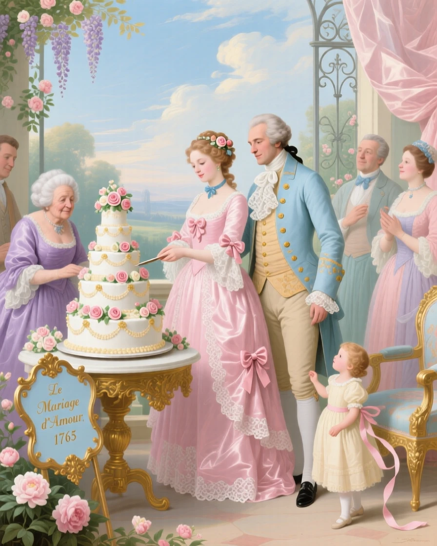 A bride and groom cutting a tall wedding cake surrounded by family  
