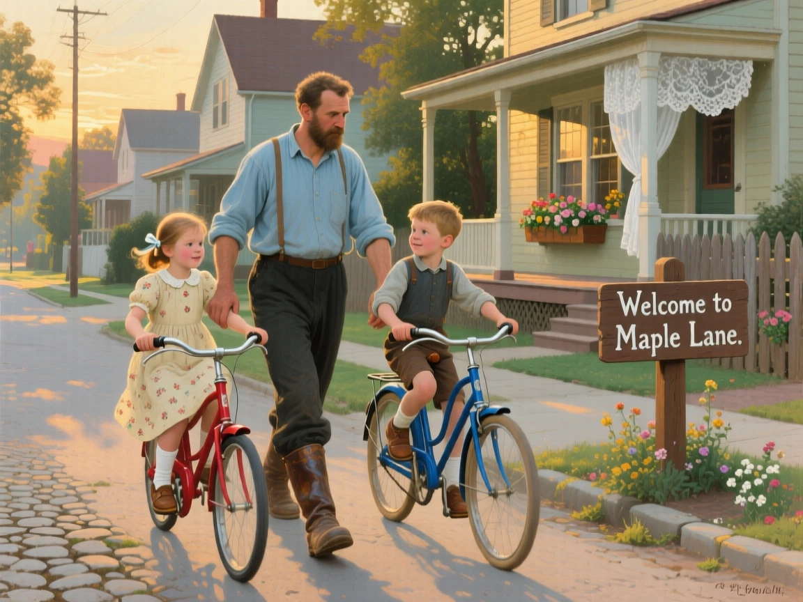 A father teaching his kids to ride bikes down a quiet suburban street, with warm afternoon light streaming through nearby windows, offering a heartwarming glimpse into ordinary, meaningful moments